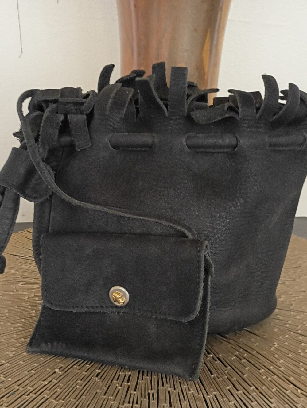 Black Suede Fringe Bucket Bag with Coin Pouch